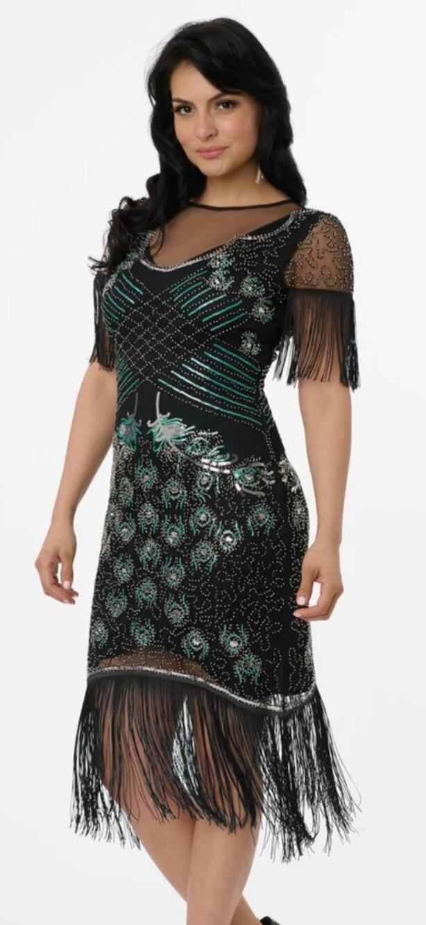 Unique Vintage 1920’s Black & Teal Peacock Beaded Nadine Flapper Dress M NWOT